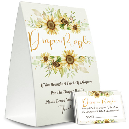 Diaper Raffle Sign,Diaper Raffle Baby Shower Game Kit (1 Standing Sign + 50 Guessing Cards),Sunflower Greenery Golden Insert Ticket,Baby Showers Decorations,Card for Baby Shower Game to Bring a Pack of Diapers-XN10