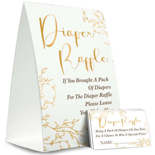 Diaper Raffle Sign,Diaper Raffle Baby Shower Game Kit (1 Standing Sign + 50 Guessing Cards),Golden Insert Ticket,Baby Showers Decorations,Card for Baby Shower Game to Bring a Pack of Diapers-XN29