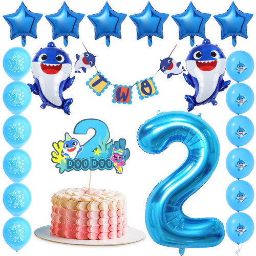 Empire Party Supply Baby Shark 2nd Birthday Decorations for Boy- Blue Baby Shark Two Banner, Cute Shark Helium Foil Balloon Number 2 Balloons, Baby Shark Cake Topper 2nd Birthday