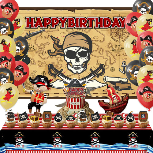 Heidaman Pirate Party Decorations,Pirate Birthday Party Supplies,Pirate Themed Party Decorations Include Pirate Themed Backdrop Tablecloth Pirate Ballon Cake Toppers