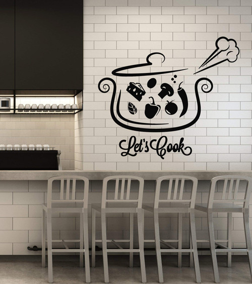 Vinyl Wall Decal Phrase Let's Cook Pan Soup Food Kitchen Stickers Mural Large Decor (g1911) Black Vinyl Wall Decal Phrase Let's Cook Pan Soup Food Kitchen Stickers Mural Large Decor (g1911) Black