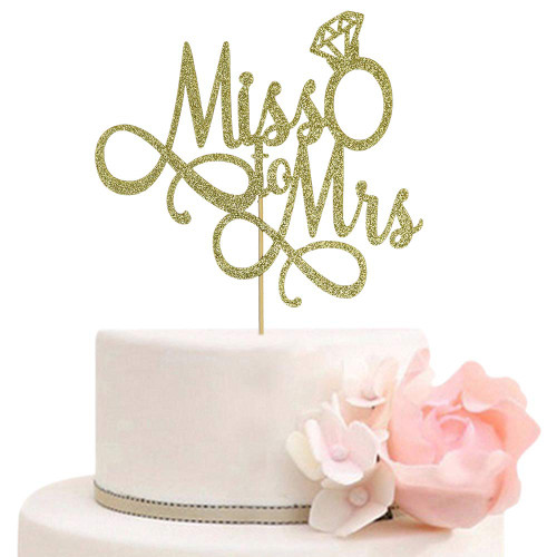 Miss To Mrs Cake Topper, Glitter Wedding Engagement Bridal Shower Bachelorette Party Decorations Supplies, Gold