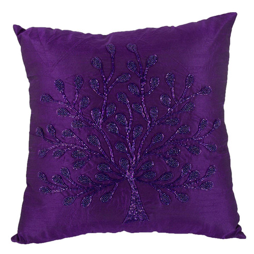 A and B Home AB-T37623-PURP Small 18 x 18 Square Poly Silk Beaded Floral Detail Elegant Throw Decorative & Accent Sofa/Couch Pillow, Purple