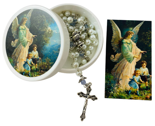 Guardian Angel First Communion Rosary Set with Glass Beads and Metal Crucifix and Center with Holy Card and Case Guardian Angel First Communion Rosary Set with Glass Beads and Metal Crucifix and Center with Holy Card and Case