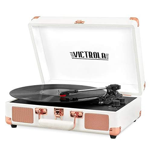 Victrola Vintage 3-Speed Bluetooth Portable Suitcase Record Player with Built-in Speakers | Upgraded Turntable Audio Sound | White Rose Gold (VSC-550BT-WRG) (Refurbished)