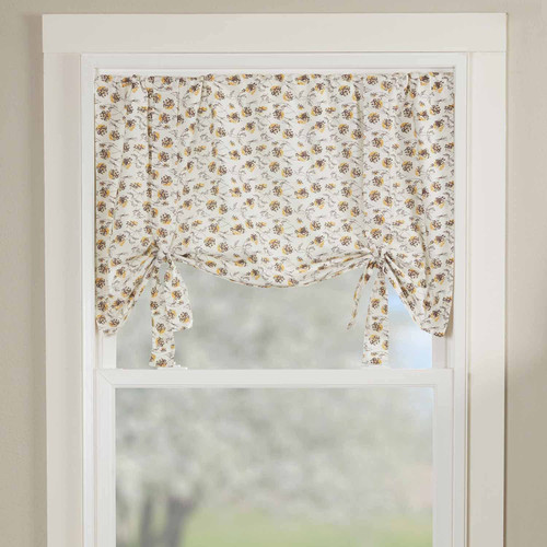Piper Classics Morning Meadow Floral Tie-Up Roman Valance Curtain, 24" L x 40" W, Mustard and Yellow Printed Flowers on an Off White Quilt, Farmhouse, Country Cottage, Vintage Boho