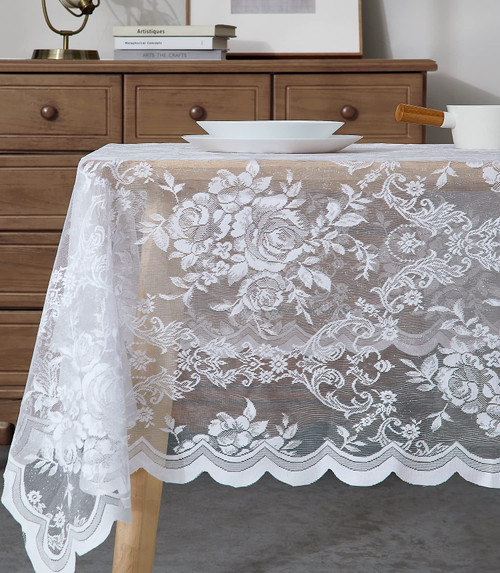 Warm Home Designs 60 x 104 Lace Tablecloth. White Rectangle Tablecloth with English Rose Design. Rectangular Tablecloth, Rustic Tablecloth or Dining Table Cover for 8-10 Guests. LTC White 104"