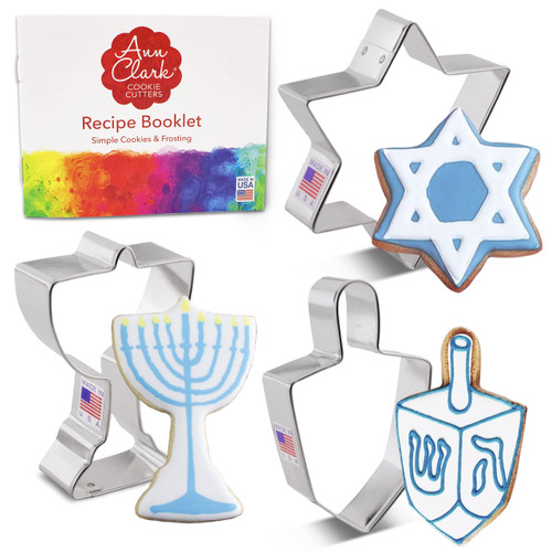 Ann Clark Cookie Cutters 3-Piece Hanukkah Cookie Cutter Set with Recipe Booklet, Star of David, Dreidel and Menorah