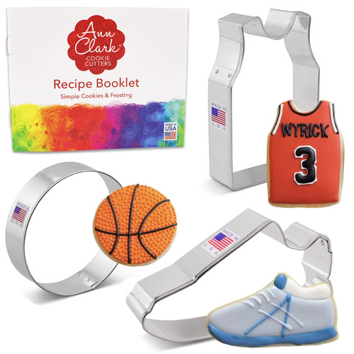 Ann Clark Cookie Cutters 3 Piece Basketball and Volleyball Cookie Cutter Set with Recipe Booklet, Sneaker, Ball and Jersey Cookie Cutters