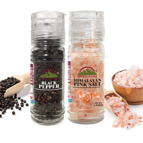 Himalayan Chef Pink Salt and Black Pepper Grinder Set (5.3 Ounce), Adjustable and Refillable Glass Grinder