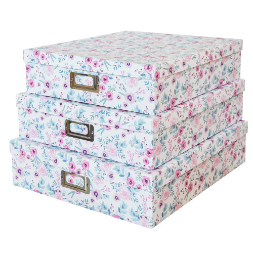 Soul & Lane Floral Decorative Storage Boxes With Lids - Set of 3: Pretty Archival Photo Storage Boxes, Letter and Document Box, Scrapbook Storage Box, Nesting Paperboard Keepsake Memory Boxes