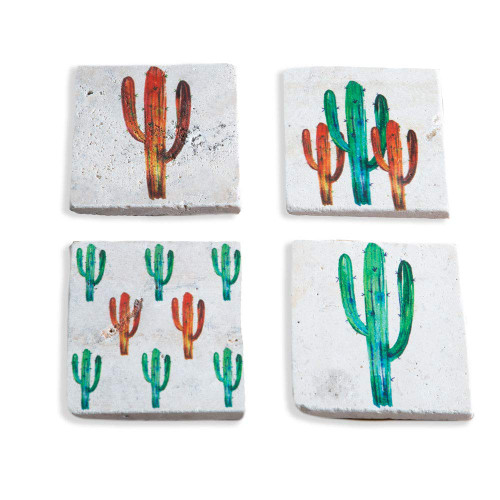 HiEnd Accents Bright Saguaro Cactus 4-PC Southwestern Coaster Set, Travertine