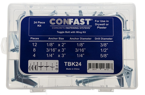 CONFAST 24 Piece Toggle Bolt and Wing Nut Assortment Kit for Hollow Wall and Drywall, 3 Size Butterfly Anchors 1/8", 3/16" and 1/4"
