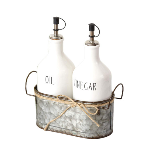 Your Heart's Delight Ceramic Oil and Vinegar Cruets Set with Galvanized Caddy Your Heart's Delight Ceramic Oil and Vinegar Cruets Set with Galvanized Caddy