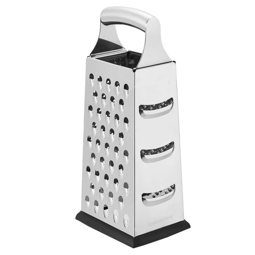 AmazonCommercial Stainless Steel Heavy-Duty Cheese Grater, 4-Sided Box Grater with Non-Slip Base, 9 Inch,Black