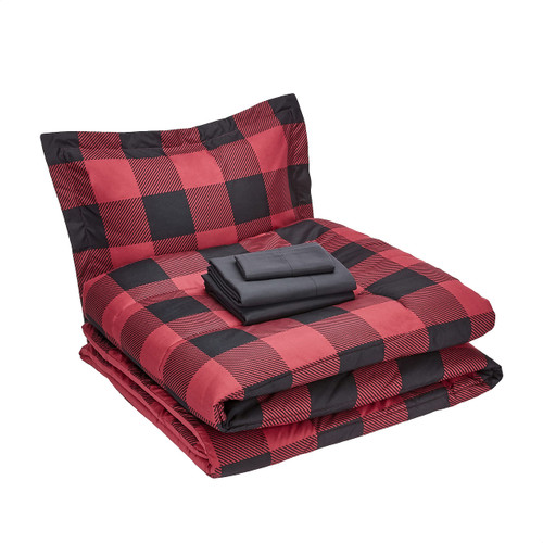Amazon Basics Lightweight Microfiber Bed-in-a-Bag Comforter 5-Piece Bedding Set, Twin XL, Red Buffalo Plaid, Gingham