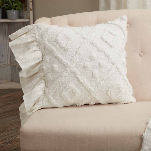 Piper Classics Harmony Throw Pillow Cover w/ 5" Side Ruffle, 18" L x 18" W, Farmhouse, Boho, Vintage Chenille Bedding, Off White Diamond Pattern