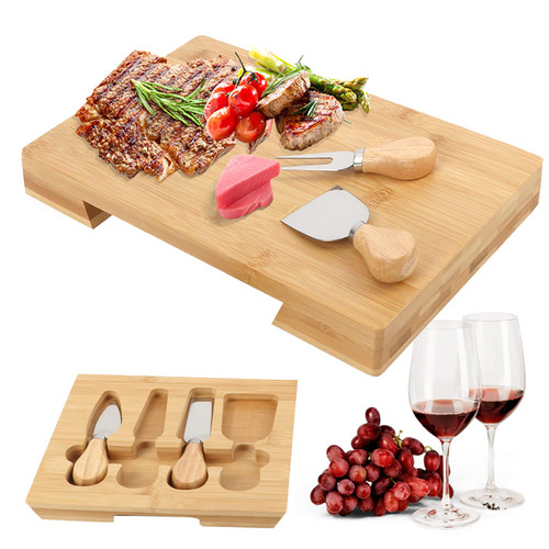 Bamboo Cheese Board and 4 Stainless Steel Cheese Knives Set Cheese Platter Charcuterie Serving Boards Wooden Server for Wine, Crackers, Brie and Meat Bamboo Cheese Board and 4 Stainless Steel Cheese Knives Set Cheese Platter Charcuterie Serving Boards Wooden Server for Wine, Crackers, Brie and Meat