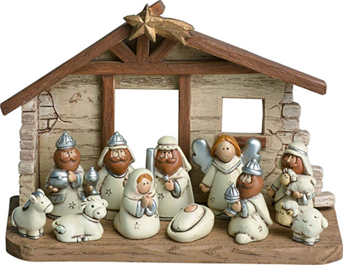 TII Mini Christmas Nativity Set Stable with Jesus Mary Joseph Wisemen Angels Animals- 12 Pieces