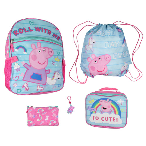 AI ACCESSORY INNOVATIONS Peppa Pig Backpack Kids School Travel Backpack Set With Lunch Box, Drawstring Bag, Pencil Case, and Rubber Molded Keychain