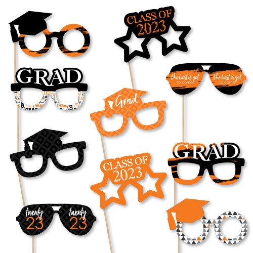 Big Dot of Happiness 2023 Orange Graduation Glasses - Paper Card Stock Party Photo Booth Props Kit - 10 Count