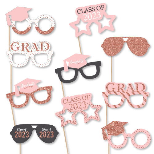 Big Dot of Happiness Rose Gold Grad Glasses - 2023 Paper Card Stock Graduation Party Photo Booth Props Kit - 10 Count