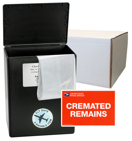 TSA Approved Fly-Safe and Temporary Travel Cremation Urn Kit for Human Ashes - Airline and Mail Friendly - 192 Cubic Inch Capacity - Airline-Ready Black Plastic Urn with Included Mailing Box
