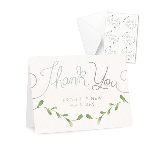 Rileys & Co Thank You Wedding Cards with Envelopes & Stickers, 100 Bulk Pack, Silver Foil, Mr and Mrs Thank You Notes Bulk Cards, | Thank You From the New Mr & Mrs. (Silver)