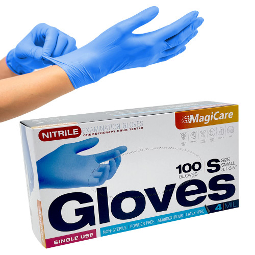 MAGICARE Blue Nitrile Disposable Gloves - 4 Mil Nitrile Gloves Small- 100 Count - Powder and Latex Free Rubber Gloves - Surgical Medical Exam Gloves - Food Safe Cooking Gloves