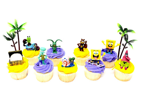 Spongebob Squarepants 11 Piece Birthday Cupcake Topper Set Featuring 2" to 3" Cupcake Toppers of Squidward, Sandy Cheeks, Patrick Star, Mr. Krabs, Plankton, Gary and More