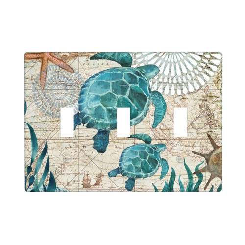 Sea Turtle Triple Toggle Light Switch Cover 3 Gang Decorative Wall Plate Outlet Cover Standard Size 4.5 X 6.38 for Bedroom Kitchen Faceplate