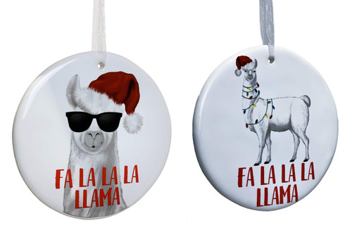 FA La La Llama Ceramic Disk Hanging Ornaments - Set of 2 FA La La Llama Ceramic Disk Hanging Ornaments - Set of 2