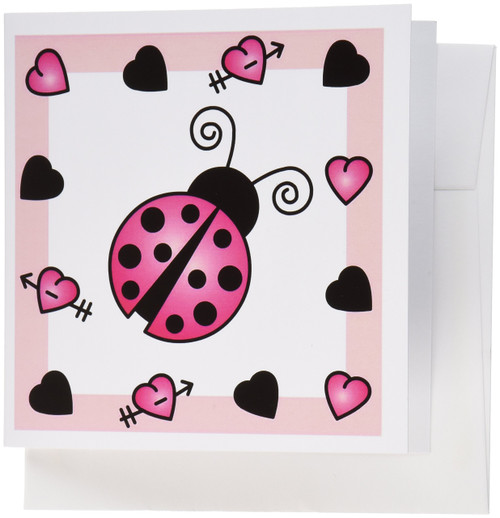 3dRose Love Bugs Pink Ladybug with Hearts - Greeting Cards, 6 x 6 inches, set of 12 (gc_12107_2)