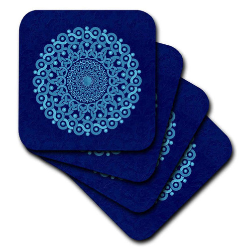 3dRose cst_32175_3 Turquoise and Cobalt Blue Fantasy Mandala on Royal Blue Muted Grunge Damask-Ceramic Tile Coasters, Set of 4