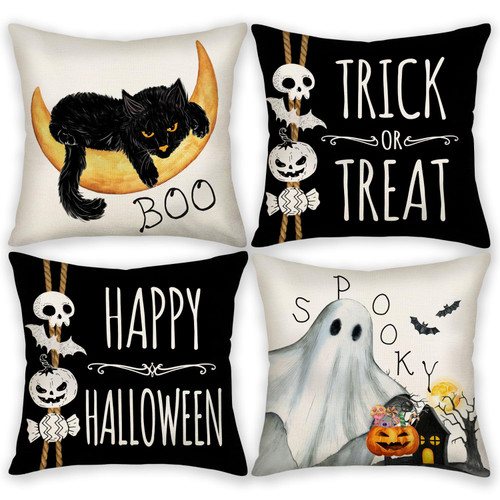 Asamour Happy Halloween Boo Black Cat Pillow Covers 18x18 Inch Set of 4 Trick or Treat Decorative Throw Pillows Decor Spooky Ghost Pumpkin Bat Pillow Cases Home Outdoor Cushion Covers