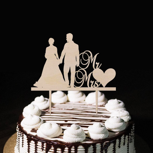Romantic Mr & Mrs Wedding Cake Topper Silhouette Natural Wood Hearts Bride And Groom Cake Topper Custom Name Date For Wedding Engagement Wedding Decorations Wedding Gifts For Couple