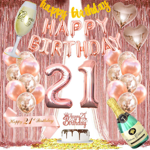Rose Gold 21st Birthday Decorations, 21 Birthday Decorations for Her, Inclued Balloons, Banner, Cake Topper, Sash, Confetti, Curtain, Happy 21st Birthday Decorations for Women Rose Gold 21st Birthday Decorations, 21 Birthday Decorations for Her, Inclued Balloons, Banner, Cake Topper, Sash, Confetti, Curtain, Happy 21st Birthday Decorations for Women
