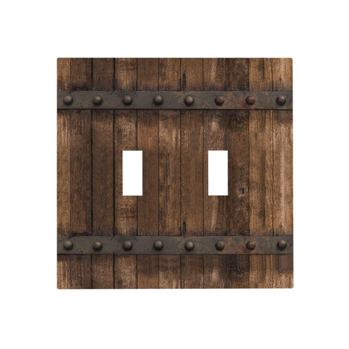 Rustic Barn Door Country Double Toggle Light Switch Cover 2 Gang Wall Plate Farmhouse Brown Wood Decorative Faceplate for Bathroom Kitchen Bedroom Home Accessories 5" x 4.9" Print Plastic