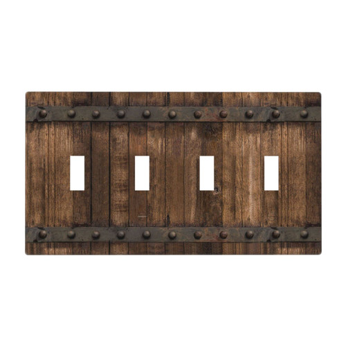 Rustic Barn Door Country Light Switch Cover 4 Gang Quad Toggle Wall Plate Farmhouse Brown Wood Decorative Faceplate for Bathroom Kitchen Bedroom Home Accessories 8.0" x 4.5" Print Plastic