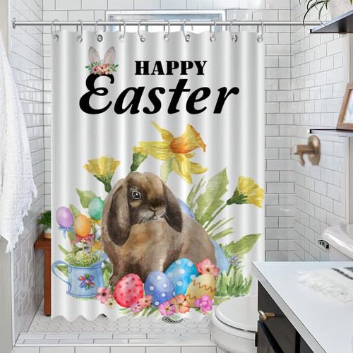 Happy Easter Bunny Rabbit Shower Curtain Set with Hooks Flowers Plants Greenery' Shower Curtains Home Bathroom Decorations Polyester Waterproof Bathroom Curtain with Rustproof Grommet Holes 47x70