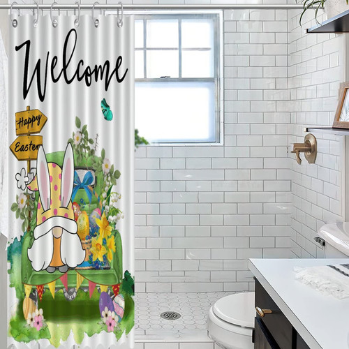 COVOME Shower Curtain Set with Hooks Spring Easter Welcome Bathroom Shower Curtain Sets Happy Easter Colored Eggs Decorative Shower Curtain for Bathroom Bathroom Decor 35x70 Inch