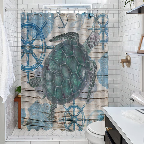 Nautical Beach Ocean Theme Underwater Seaturtle Shower Curtain Set with Hooks Shells Starfish Beach Coastal Shower Curtains Home Bathroom Decorations Polyester Solid Bath Curtain with Holes 47x70