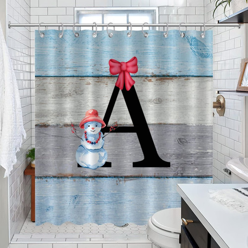 Contemporary Monogram Initial A Bathroom Shower Curtain Sets Blue Winter Christmas Snowman Shower Curtain for Hotels Bathtubs Polyester Fabric Shower Curtain Set with Hooks Machine Washable 72x84
