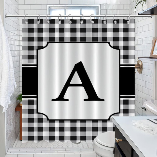 COVOME Durable Christmas Monogram Initial A Bathroom Curtain Buffalo Plaid Check Seasonal Winter Shower Curtain for Bathroom Polyester Fabric Shower Curtain Set with Hooks Machine Washable 72x84 Inch