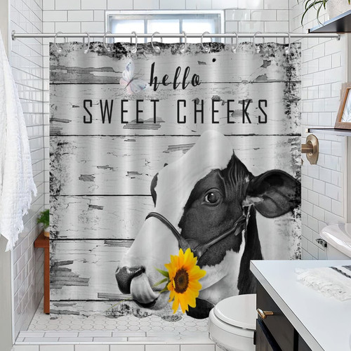 Hello Sweet Cheeks Shower Curtain Set with Hooks Cow Sunflower Bathroom Curtain Home Bathroom Decorations Polyester Fabric Contemporary Shower Curtain for Bathroom with Rustproof Grommet Holes 72x84