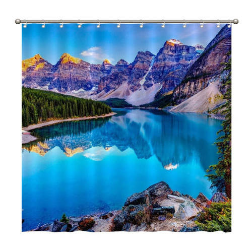 Shower Curtains Blue Water with Mountains 72 x 72 Inch Shower Curtain Set with 12 Hooks Home Bathroom Bathtubs Decor Polyester Fabric Machine Washable Durable