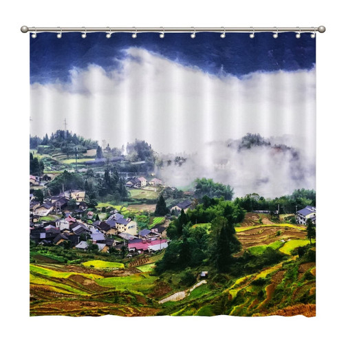 Shower Curtains Terraced Landscape 72 x 72 Inch Shower Curtain Set with 12 Hooks Home Bathroom Bathtubs Decor Polyester Fabric Machine Washable Durable