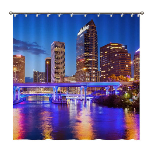 Shower Curtains Downtown Tampa, Florida at Night Skyline 72 x 72 Inch Shower Curtain Set with 12 Hooks Home Bathroom Bathtubs Decor Polyester Fabric Machine Washable Durable