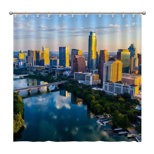 Shower Curtains Texas USA Sunrise Skyline Cityscape 72 x 72 Inch Shower Curtain Set with 12 Hooks Home Bathroom Bathtubs Decor Polyester Fabric Machine Washable Durable