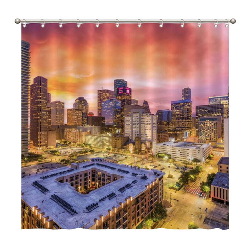Shower Curtains Houston, Texas, USA Downtown Cityscape at Dusk(2) 72 x 72 Inch Shower Curtain Set with 12 Hooks Home Bathroom Bathtubs Decor Polyester Fabric Machine Washable Durable
